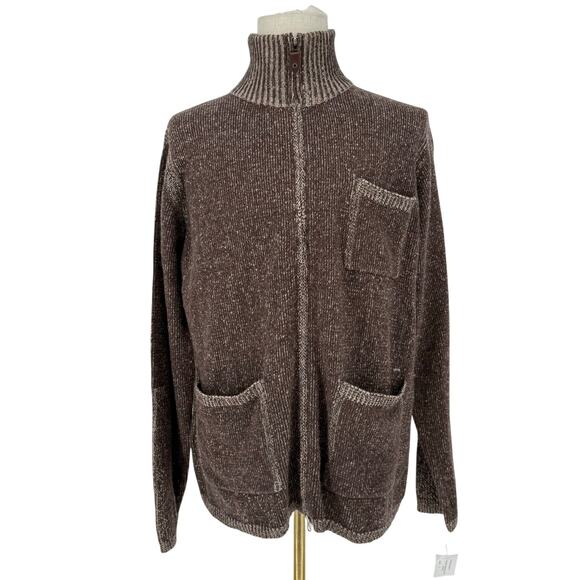 Robert Graham Full Zip Chunky Knit Cardigan Sweater Brown Chocolate Wool L